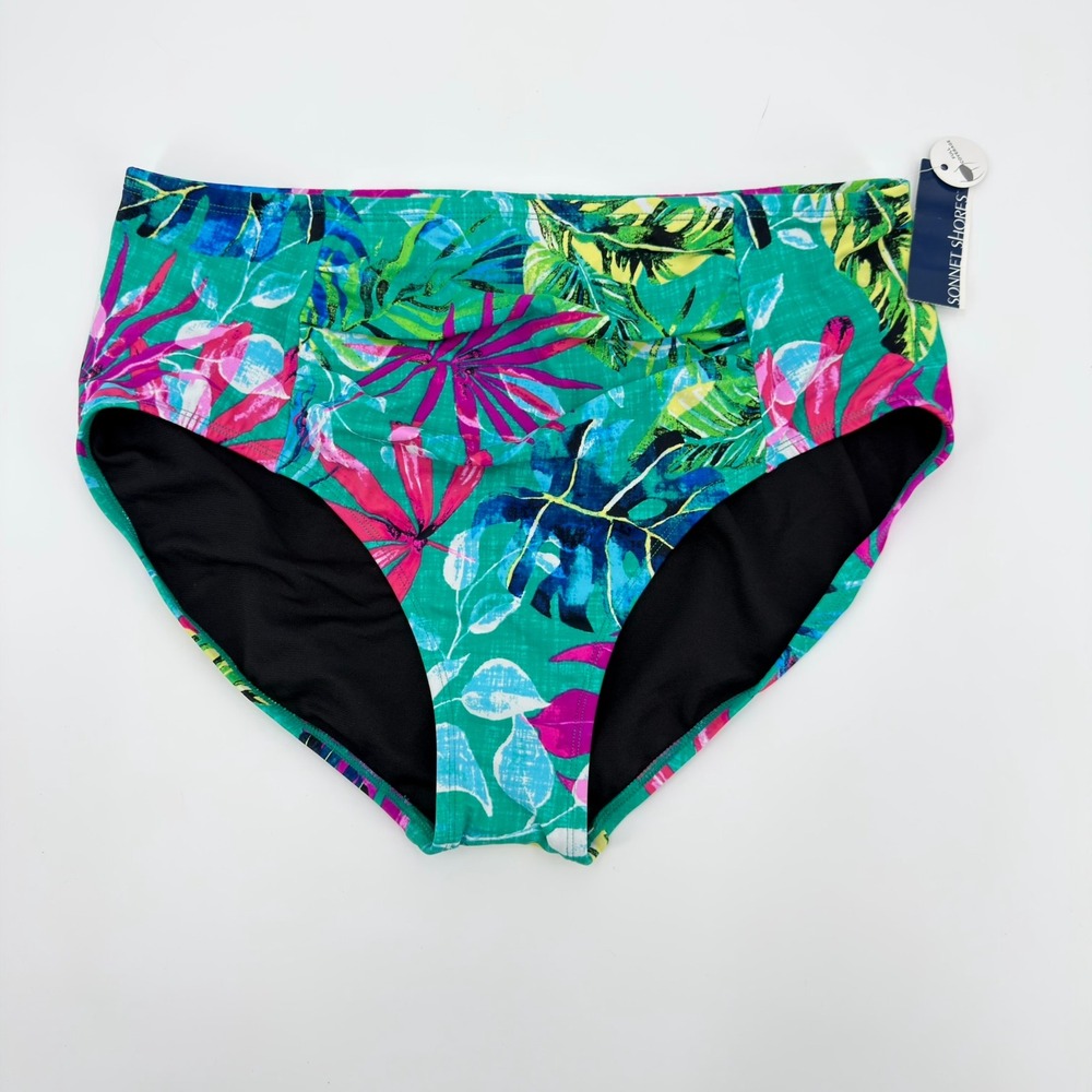 Sonnet Shores Women Green Tropical Palm High Waist Ruched Bikini Bottom Size 16